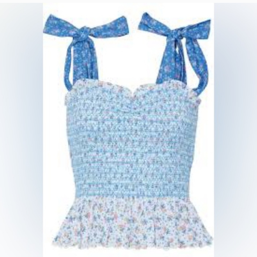 LoveShackFancy Blue Floral Smocked Tie-Strap Tank Top
